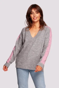 Sweter z kontrastowymi lampasami - szary