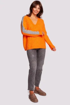 Sweter z kontrastowymi lampasami - jasnopomarańczowy