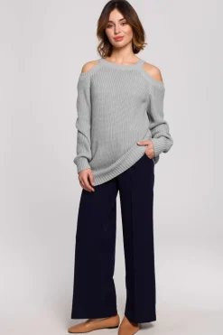 Sweter z wycięciami na ramionach - szary