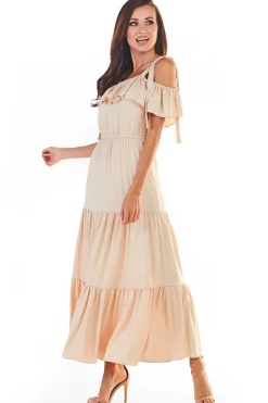 Trapezowa sukienka maxi na ramiączkach - beżowa