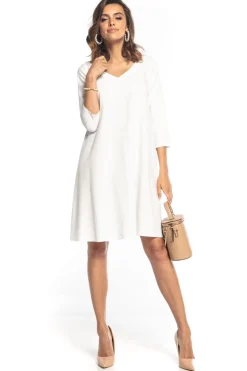 Trapezowa sukienka z dekoltem V - biała