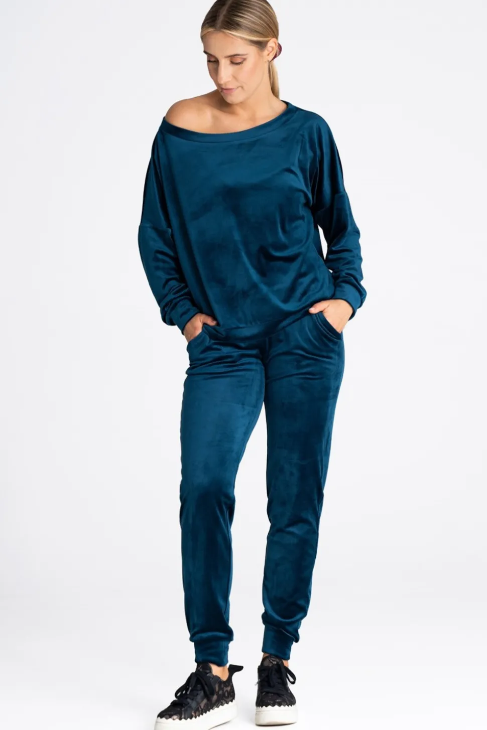 Welurowa bluza damska oversize - morska