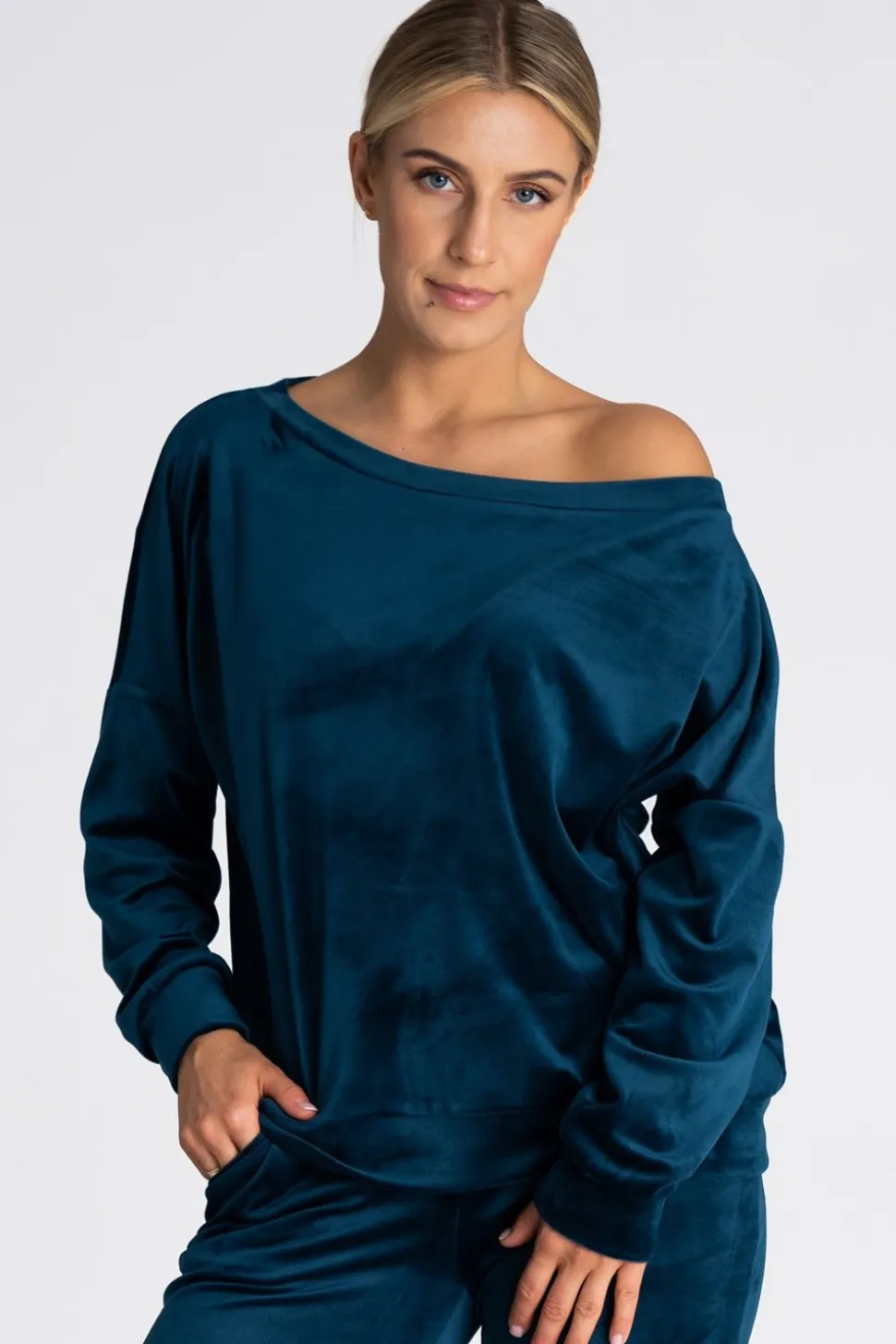 Welurowa bluza damska oversize - morska