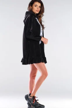 Welurowa bluza oversize z falbanką - czarna