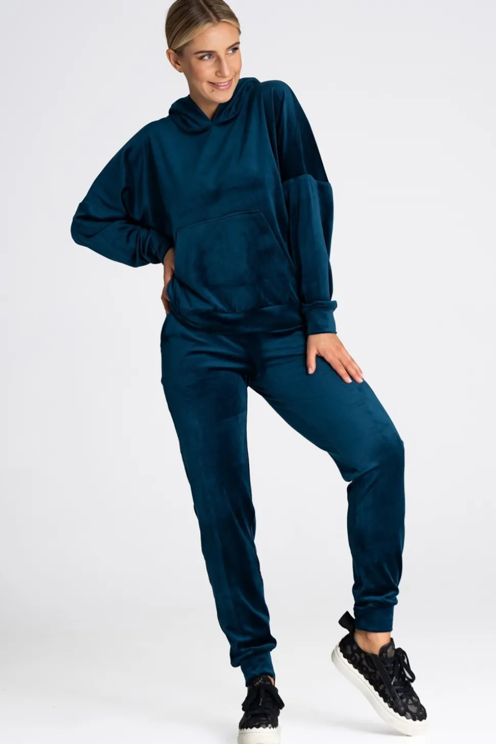 Welurowa bluza z kieszenią kangurek - morska