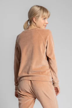 Welurowa bluza z reglanowymi rękawami - beżowa