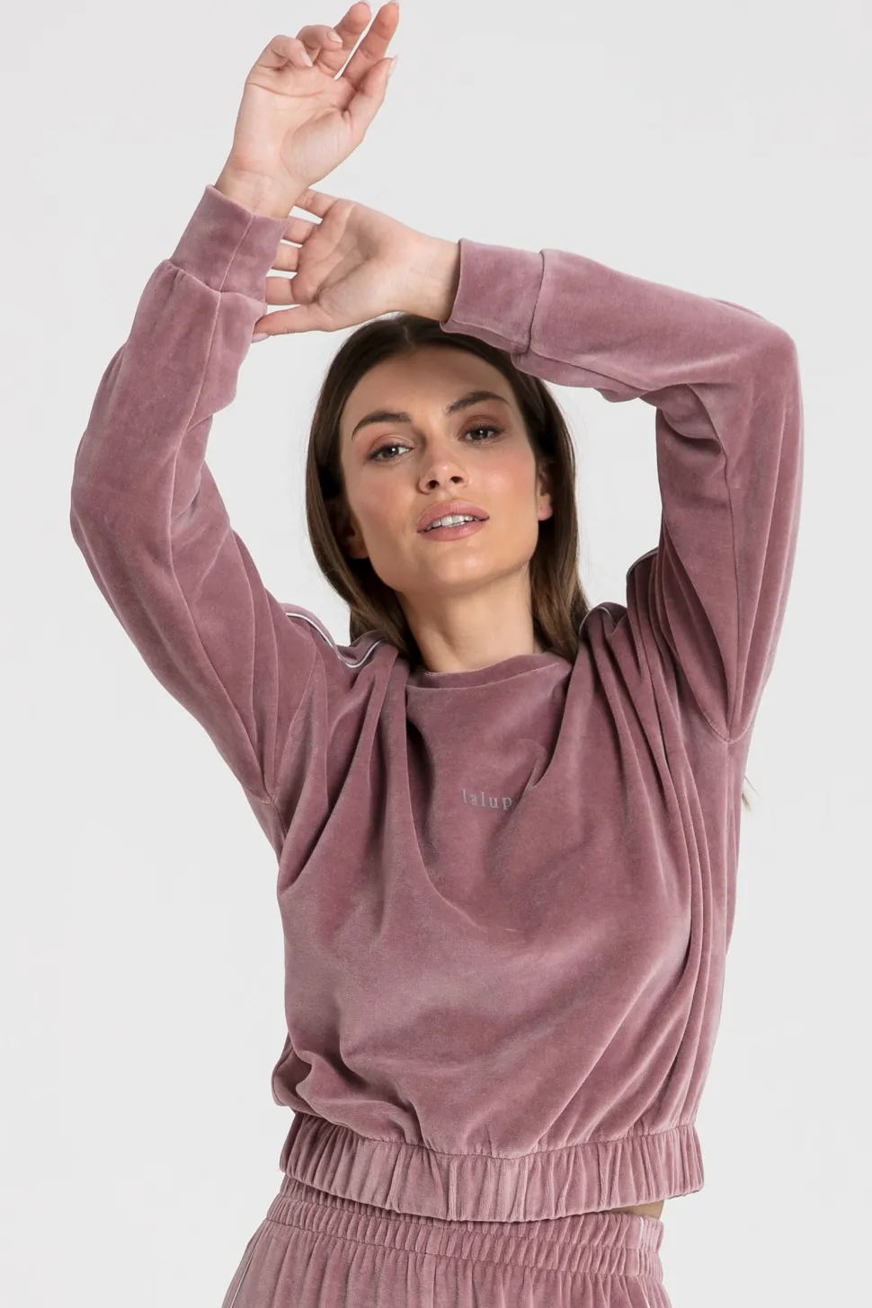 Welurowa bluza z wypustką - brudny róż