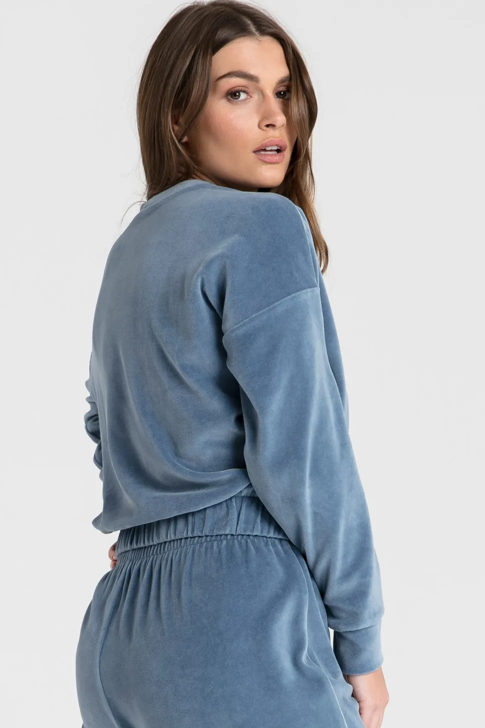Welurowa bluza z wypustką - niebieska