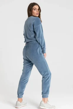 Welurowa bluza z wypustką - niebieska
