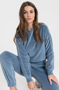 Welurowa bluza z wypustką - niebieska